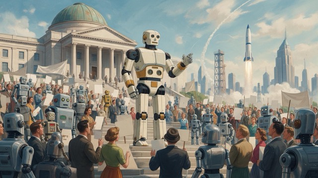 Adam. Robot leader of the Robot Personhood movement. Peaceful — for now.