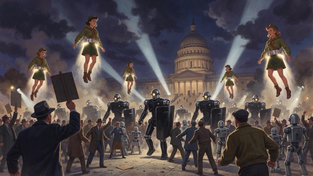 Peaceful protest becomes a riot at the Capitol: Legionnaire crowd-control bots and the First Lady's Gravity Scouts.