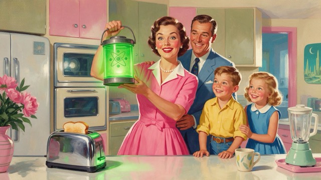 Sponsors like Plutonium-R-Us. Dark satire, sold with a smile.